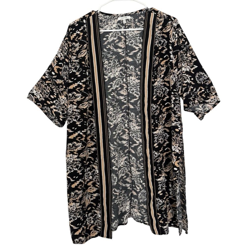 Maurice's Long Floral Duster Minimal Neutral Colors Black Bohemian Womens Medium